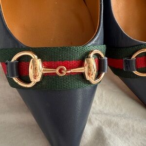 Women's Navy Leather Heels with Gold Accents